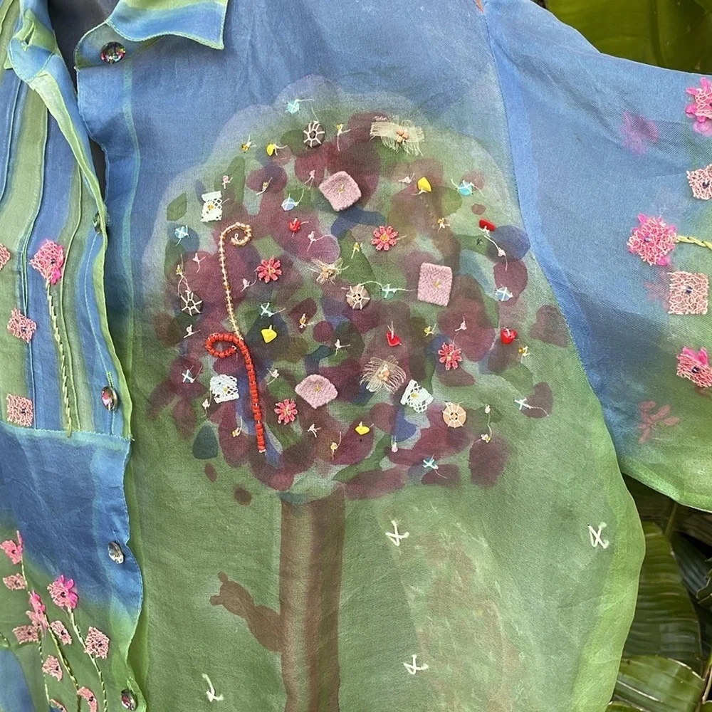 Sandy Starkman 100% silk batik and 3-D floral  sheer blouse or jacket